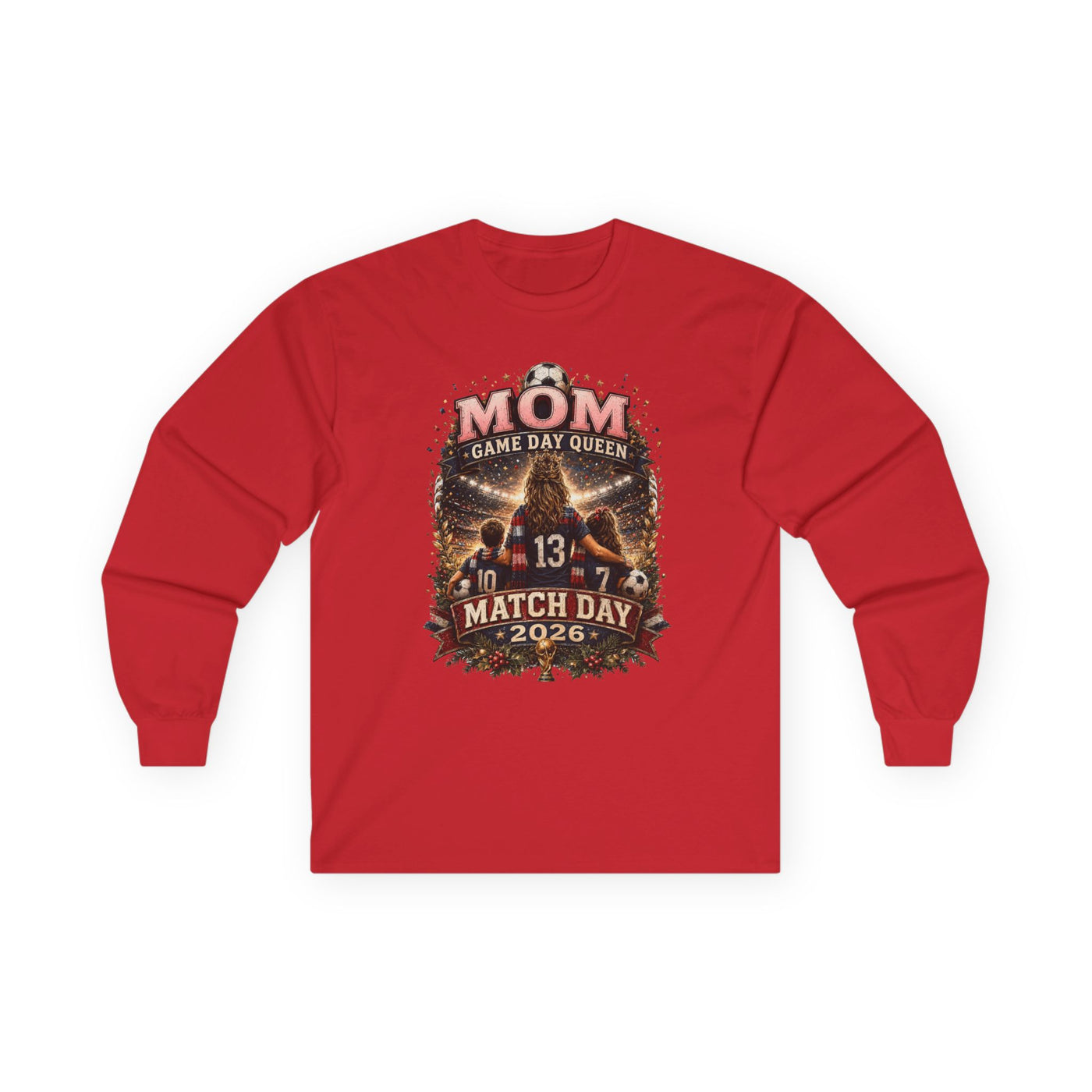 MOM Game Day Queen Long Sleeve Tee - Vintage Soccer Match Day Graphic