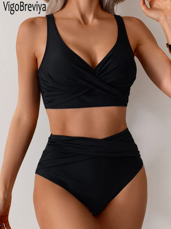 VigoBreviya 2026 Sexy Solid Strapped Swimwear Women Cross Push Up Bikini Set Brazilian Lady Swimsuit High Waist Beach 
