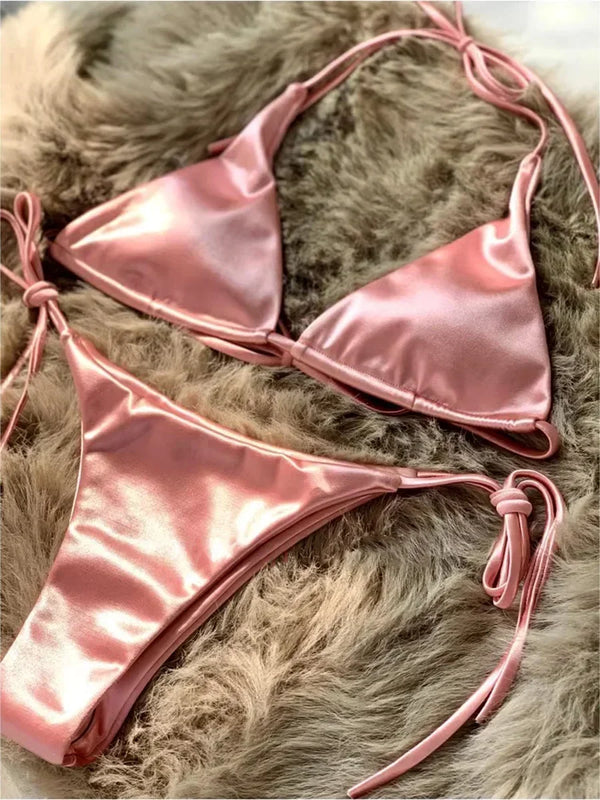 Halter Metallic Satin High-Cut Bikini Set