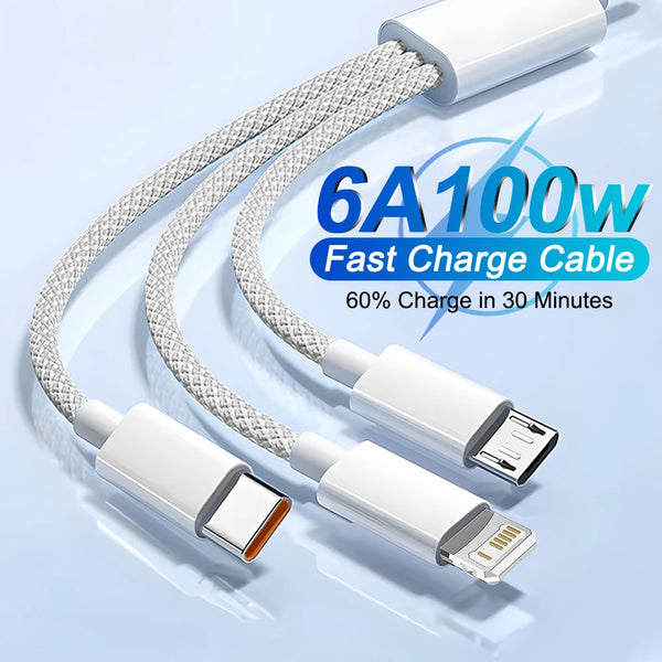 3In1 100W 6A Fast Charging Cable For iPhone Xiaomi POCO OPPO