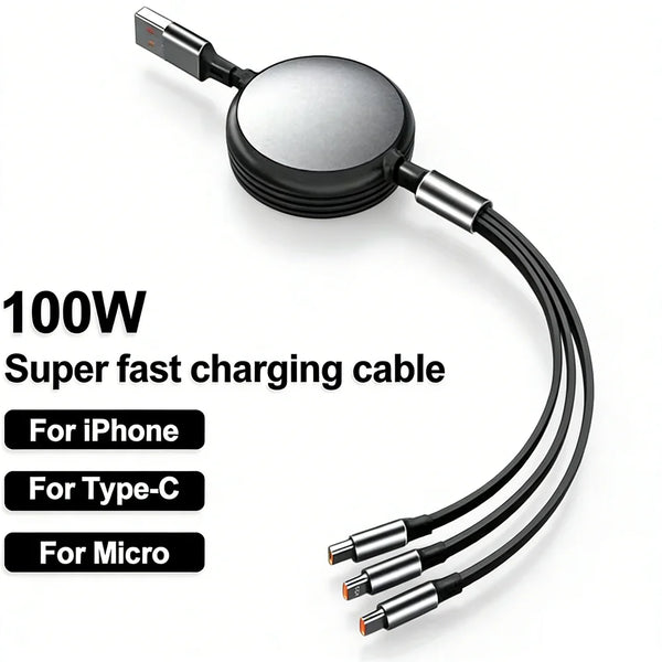 3 in 1 Retractable 100W Fast Charge Data Cable For iPhone US