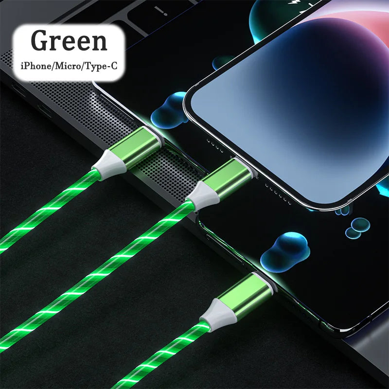 3 in 1 LED Light Glowing Charging Cable 3A Micro USB Type C 