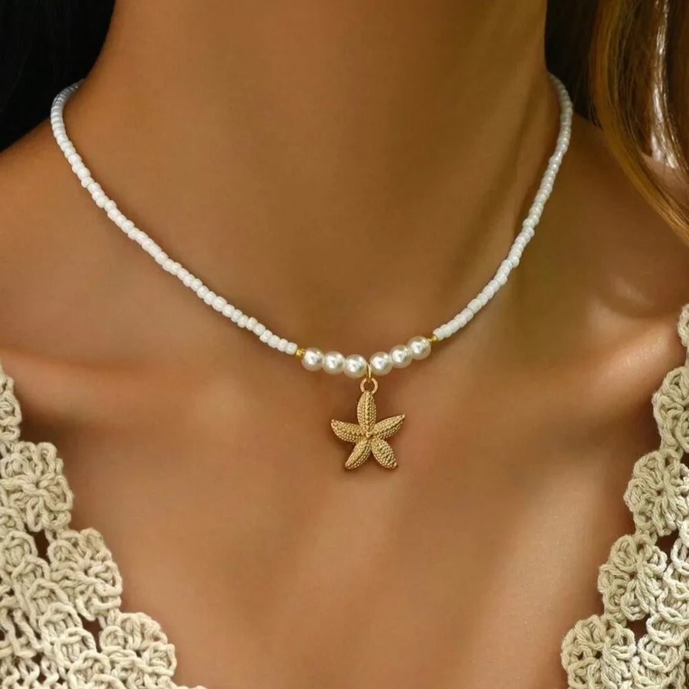 Bohemian Rice Beads Starfish Pendant Necklace