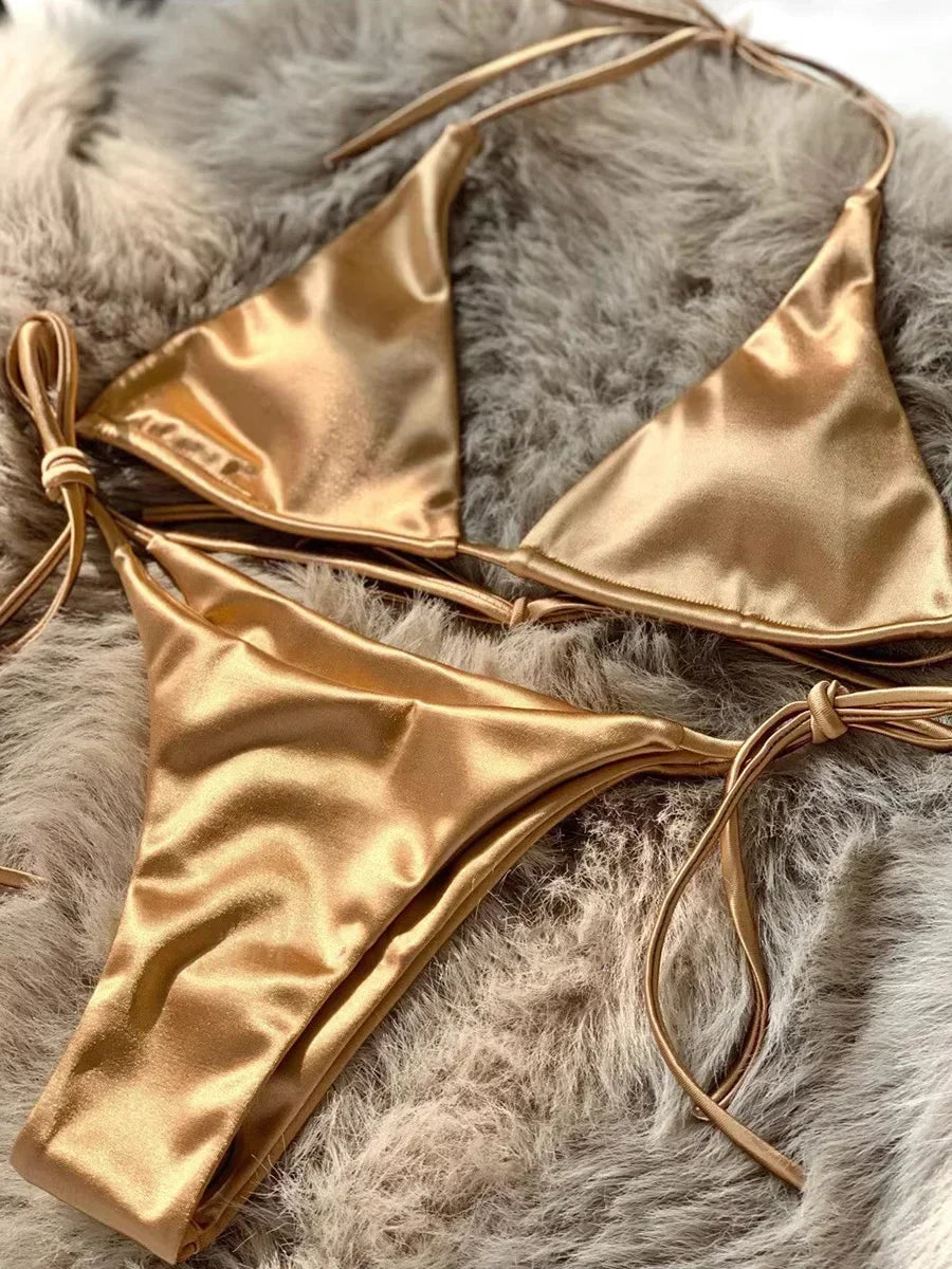 Halter Metallic Satin High-Cut Bikini Set